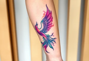 Phoenix with blazing flames with purple and green tattoo idea