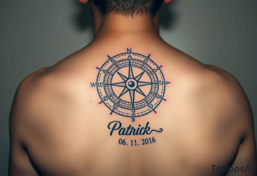 A realistic sundial with the child’s name "Patrik" and birth date 06. 11. 2016 engraved on the base, in warm earthy browns and bronze tones tattoo idea