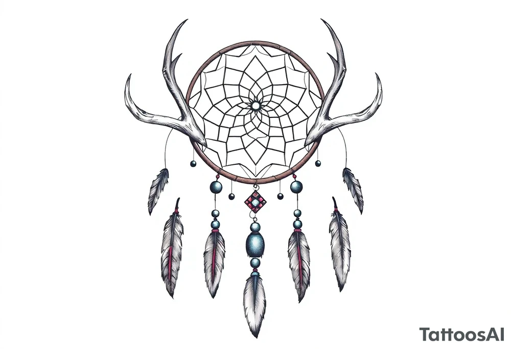 Dreamcatcher made from deer antlers with feathers and beads hanging off it tattoo idea