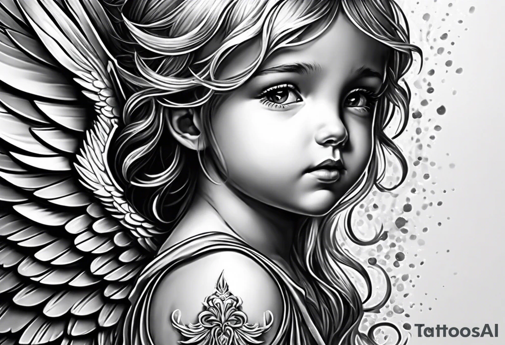 Angel covering a kid with holes in its wings and teardrops coming out of the angel tattoo idea