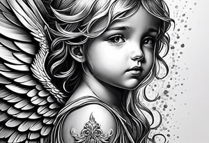 Angel covering a kid with holes in its wings and teardrops coming out of the angel tattoo idea