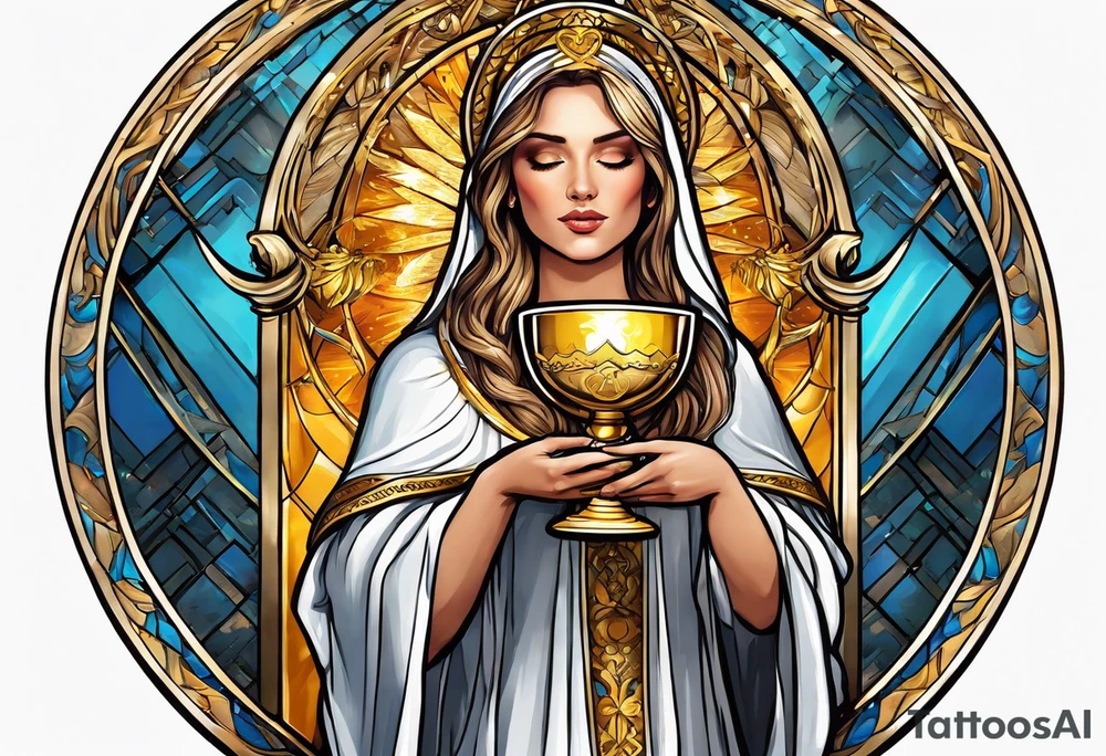 woman saint holding chalice surrounded by golden halo tattoo idea