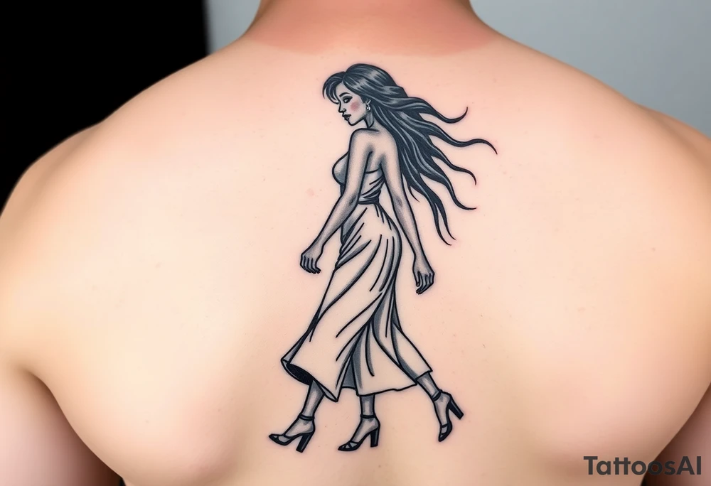 Black woman with long hair walking tattoo idea