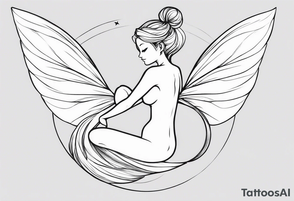Minimalistic, monochromatic fairy with a tail flying to the left in a fetal position, leaning and looking in the same direction, with visible hands, embodying the 'Fairy Tail' logo aesthetic. tattoo idea