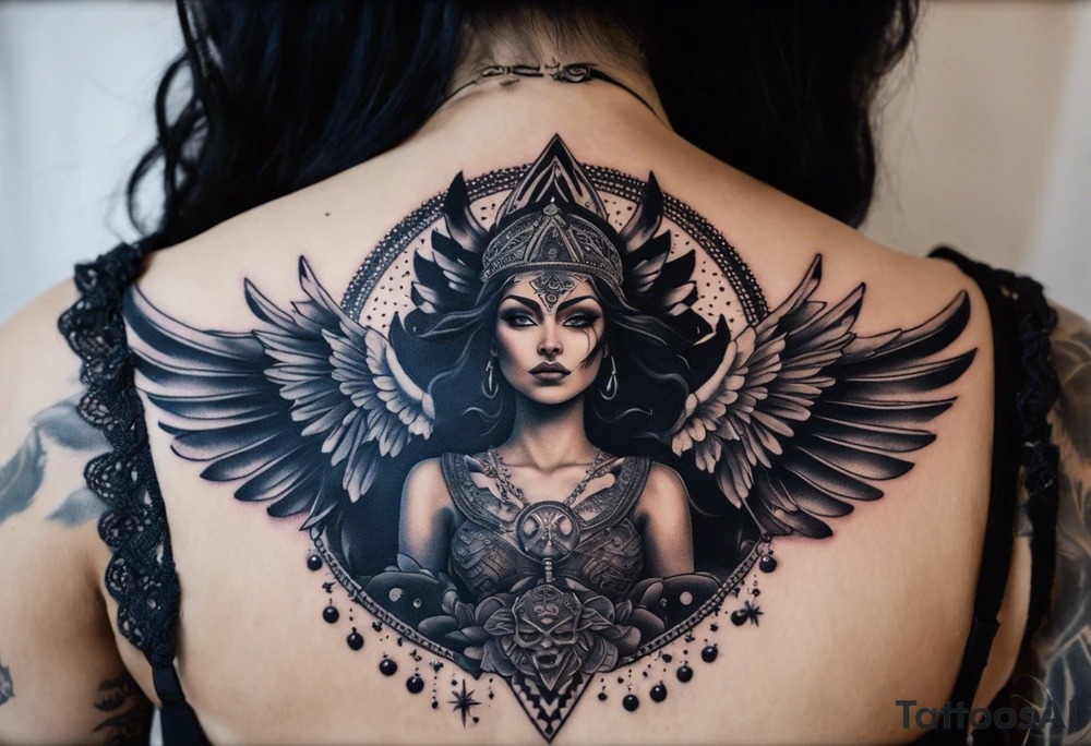 black kali, goddess pirate, alien, angel, pachamama, valkrye, warrior, flying, skull, lotus azul, wing, eagle, zenza resonance, stars, 5D, anahata chakra, death, durga, riding on a tiger, flying lady, chest tatoo tattoo idea