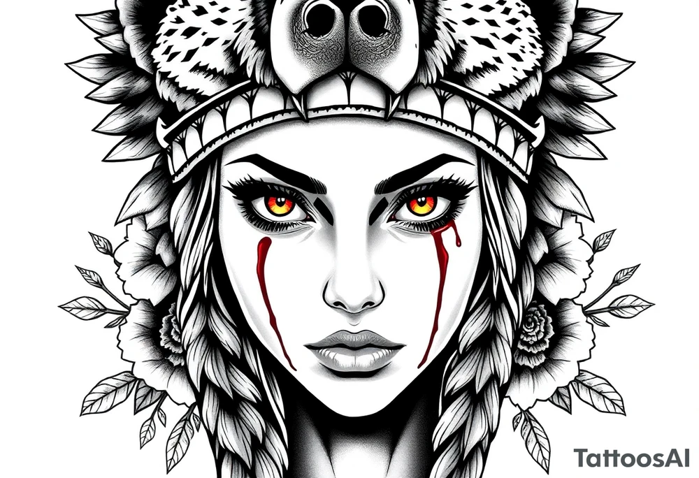 Young Symmetrical Beautiful Woman, looking forward, with colored eyes, shedding a tear, with battle scars and blood on face, with soft look, wearing a mean looking bear headdress on head, with dead flower background tattoo idea
