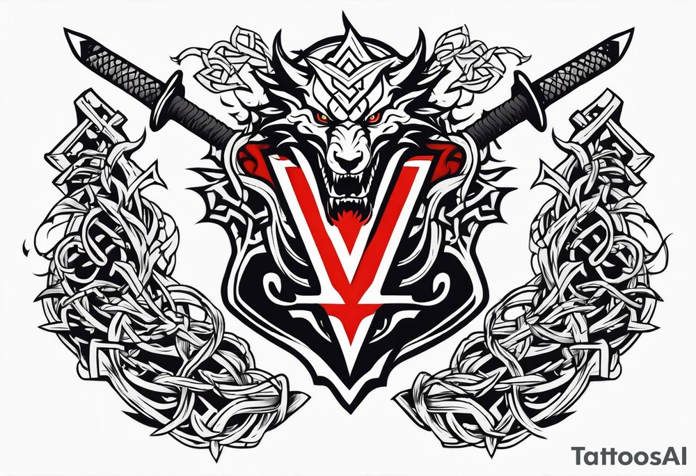 Valhalla sword shield dragon axe Valknut barbed wire chains fire tattoo idea