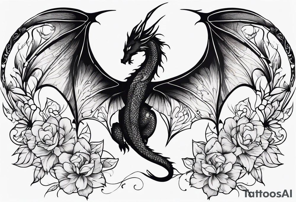 Dragon wings spread floral print on wings tattoo idea