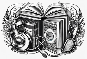 Books, video games, stethoscope, music, drums tattoo idea