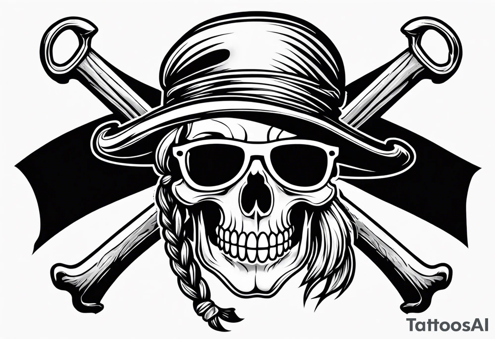 create a pirate flag with a feminine skull with two blonde pigtails and crossbones  wearing glasses tattoo idea