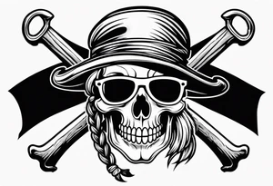create a pirate flag with a feminine skull with two blonde pigtails and crossbones  wearing glasses tattoo idea