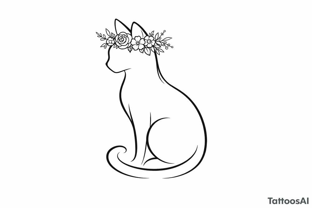 A regal cat silhouette with a floral crown, minimalist linework tattoo idea