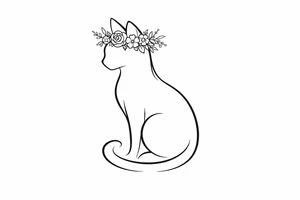 A regal cat silhouette with a floral crown, minimalist linework tattoo idea