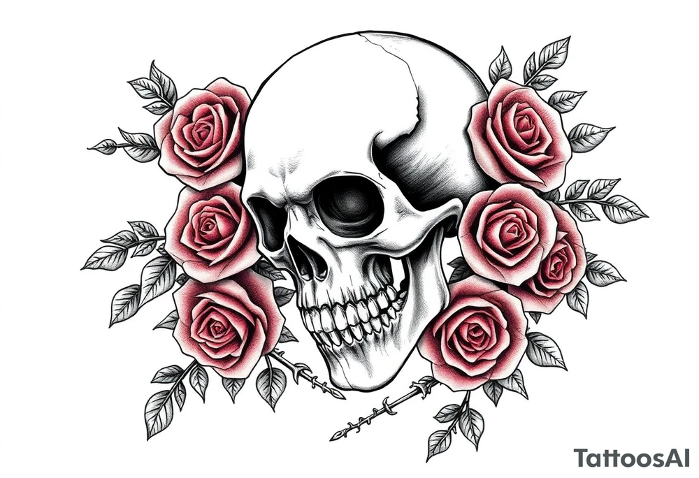gothic skull intertwined with climbing roses and thorny vines tattoo idea