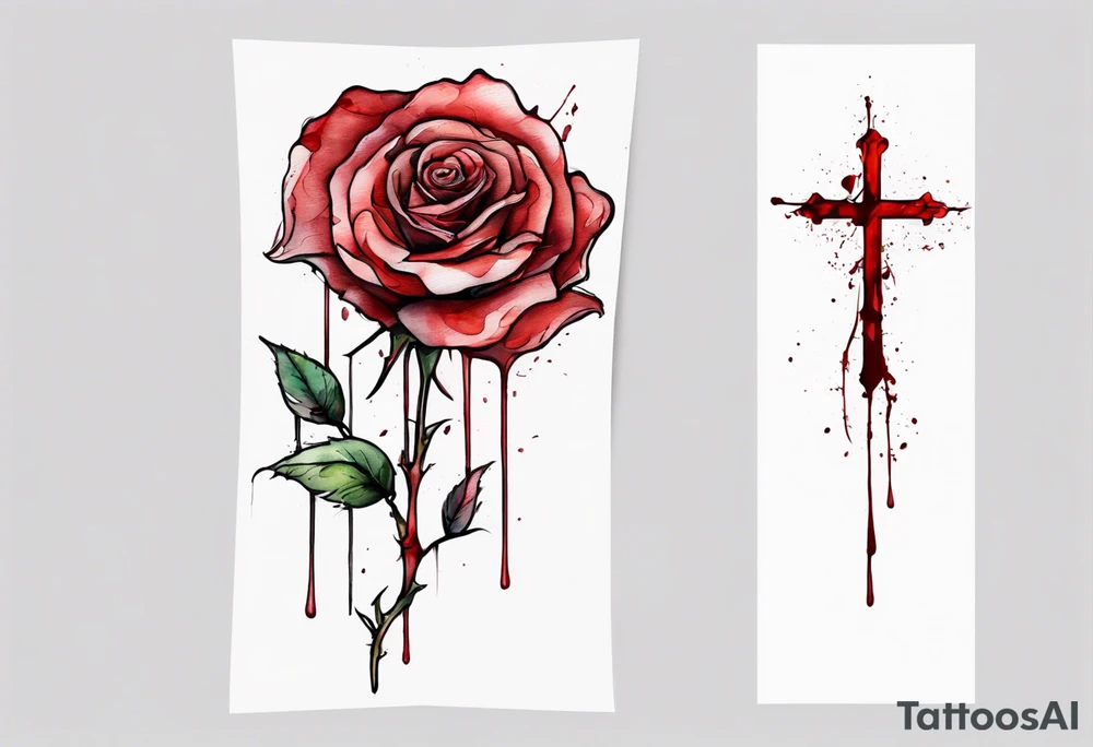 rose flower, one line, red blood dripping from the flower, tall, watercolor, with the Christian cross as the stem tattoo idea