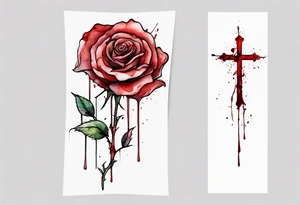 rose flower, one line, red blood dripping from the flower, tall, watercolor, with the Christian cross as the stem tattoo idea