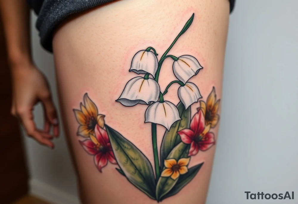White lily in the valley bells with other different colored lilies surrounding tattoo idea