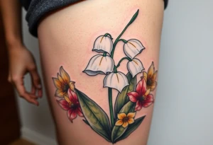 White lily in the valley bells with other different colored lilies surrounding tattoo idea