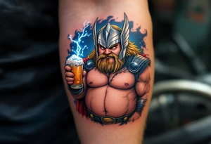 Fat Thor from Endgame holding a beer and Stormbreaker, with sparks of lightning around him in a humorous yet detailed tattoo design. tattoo idea