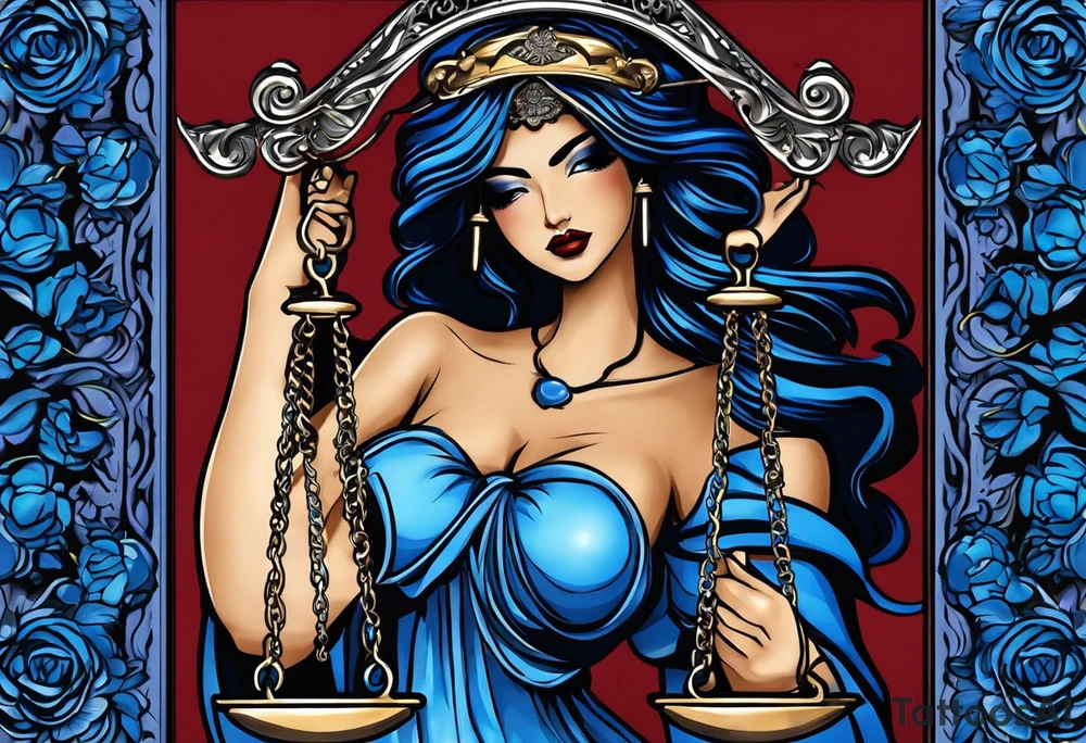 Lady Justice, 
Blindfold:
Scales: 
 Lady Justice is shown with black hair, which is a unique artistic choice compared to the more traditional representations. The scales, blindfold, and sword are all present, adhering to the classic iconography but with a modern and colorful twist. blue roses frames, background blue,present it in a tattoo tattoo idea