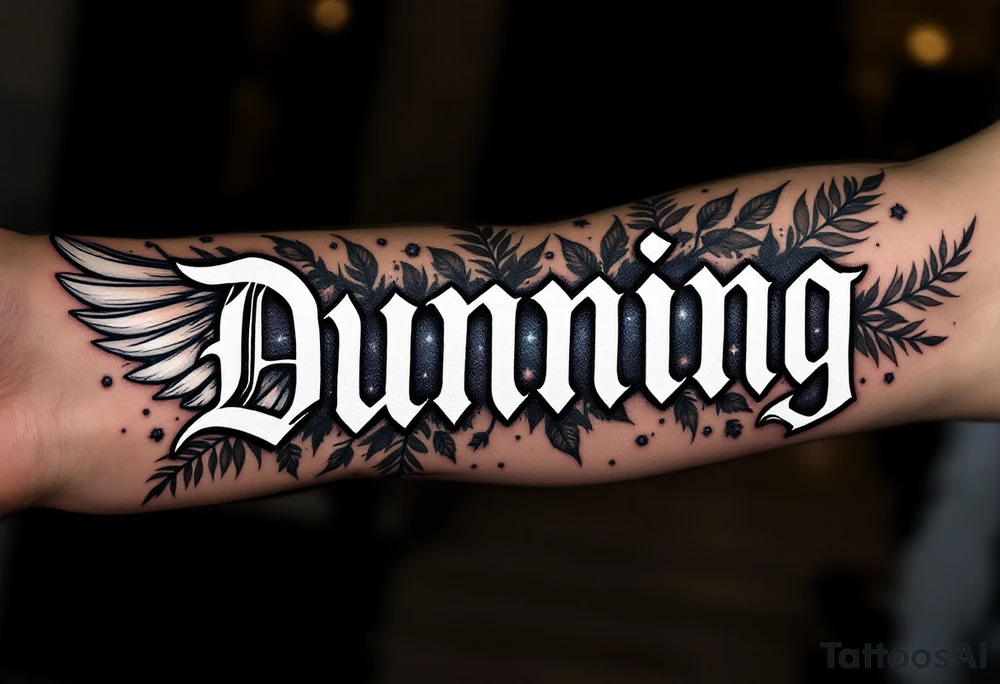 Dunning, Details include on left arm, name in white color,angel wing, wet jungle leaves,cool font, galaxy background filling, tattoo idea