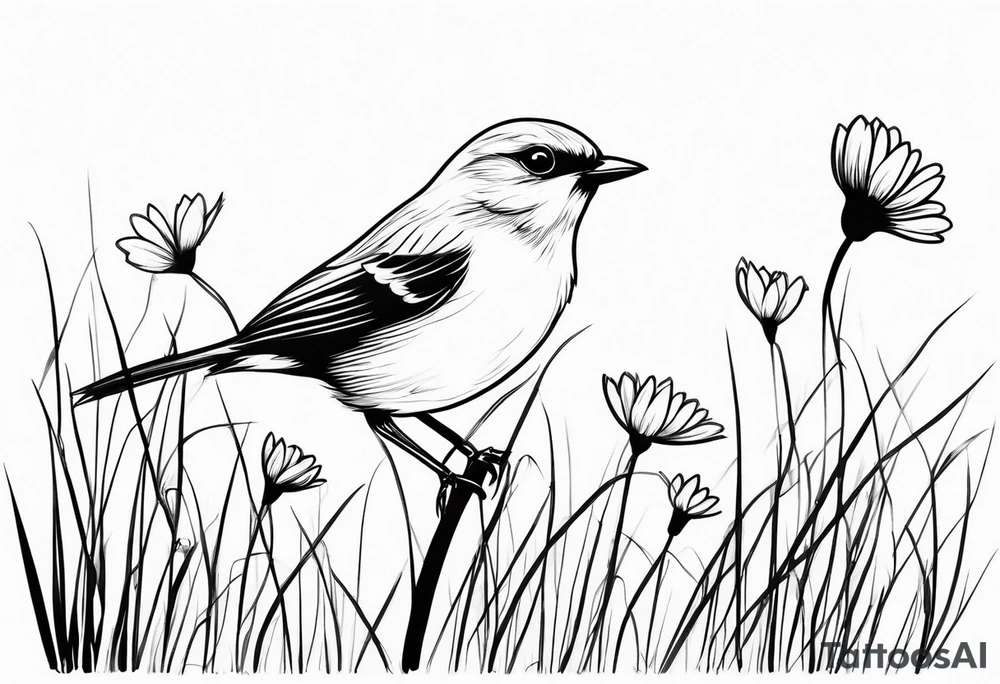 little bird perched on tall grass in a daisy tattoo idea
