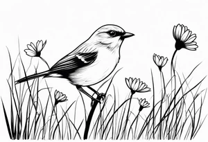 little bird perched on tall grass in a daisy tattoo idea
