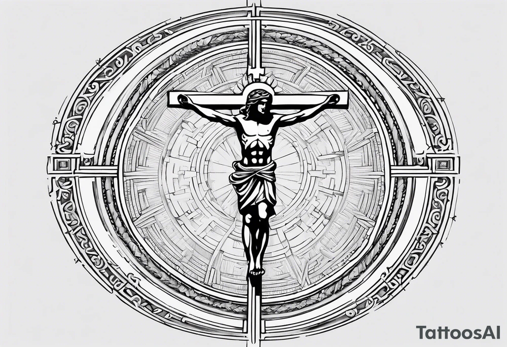 Circle made with Roman numerals, with a crucified man inside the circle tattoo idea