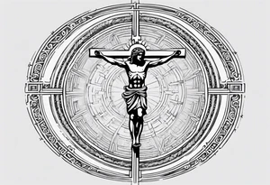 Circle made with Roman numerals, with a crucified man inside the circle tattoo idea