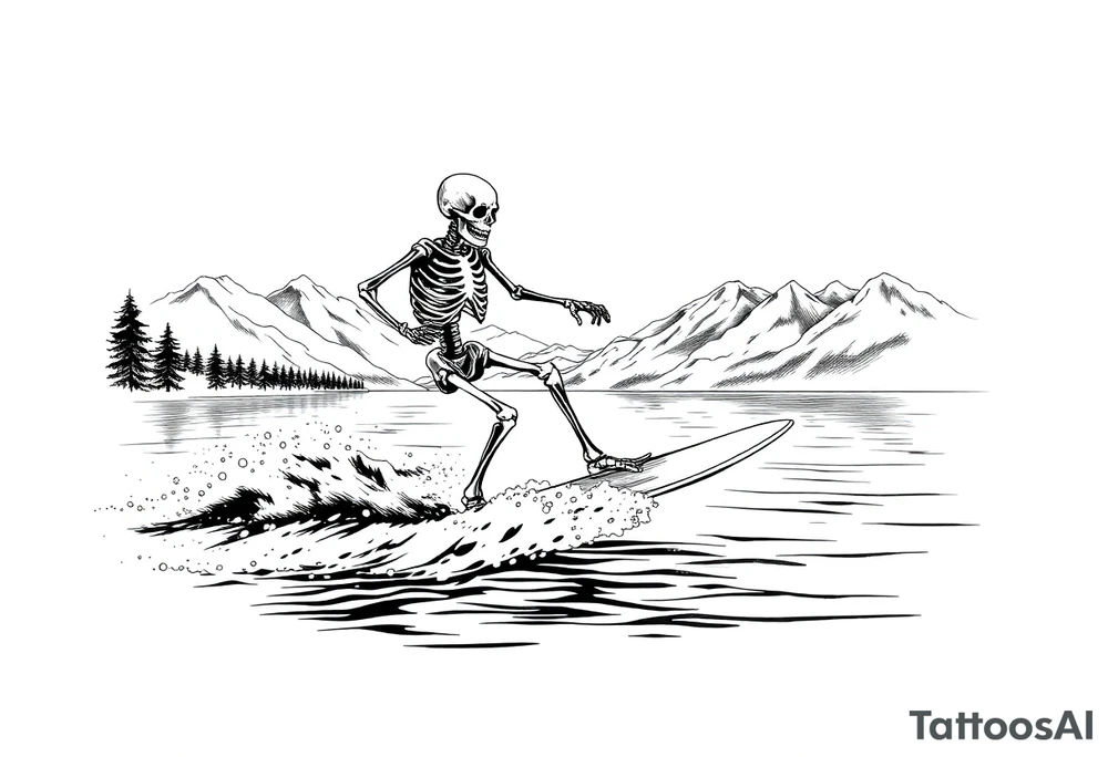 skeleton wakeboarding on lake, mountains in the background tattoo idea