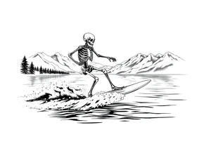 skeleton wakeboarding on lake, mountains in the background tattoo idea