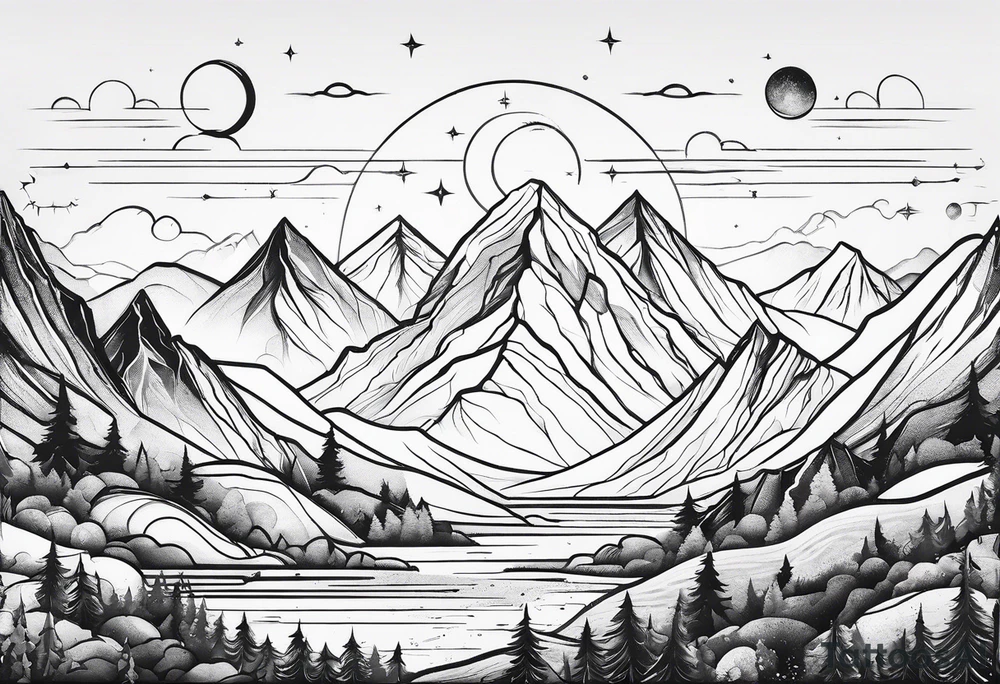 Mountains and planets in a line tattoo idea