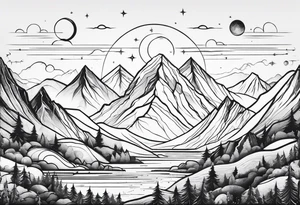 Mountains and planets in a line tattoo idea