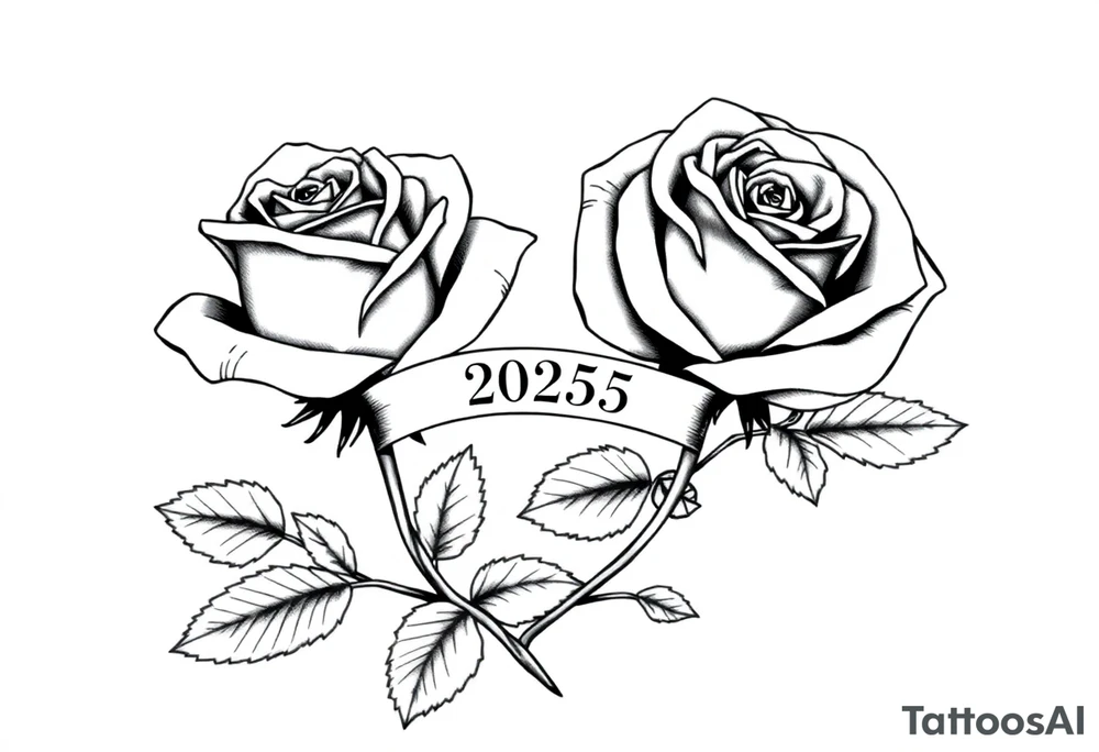two beautiful large rose buds, one larger than the other, with many leaves next to the rose buds, with one sitting higher than the other. Include a banner connecting the two roses with "2025" on it.   Use dark outlines with little shading. The two stems should be short, not long, and connect and join into one stem, whimsically curved or twisted - not straight down. tattoo idea