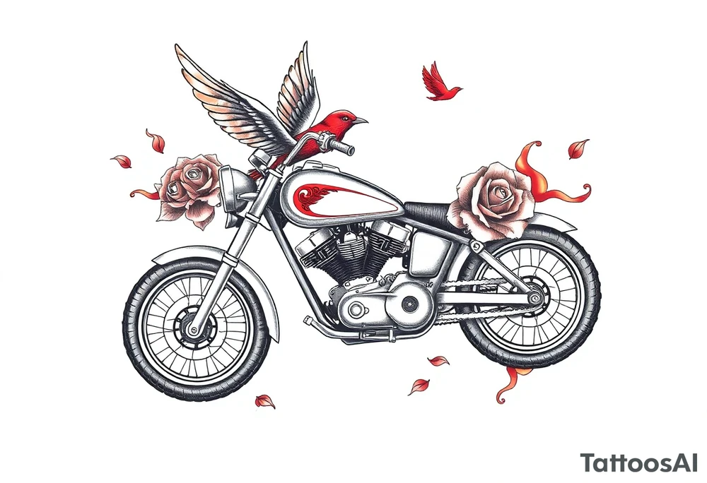 Motorcycle, red bird flying, roses and lace, flames tattoo idea