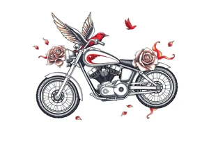 Motorcycle, red bird flying, roses and lace, flames tattoo idea