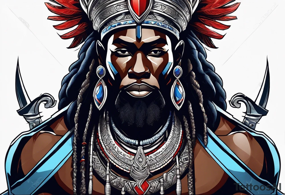 An african god, a warrior, that uses a sword and a silver crown. He also uses blue and red necklaces tattoo idea