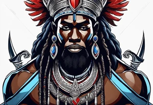 An african god, a warrior, that uses a sword and a silver crown. He also uses blue and red necklaces tattoo idea