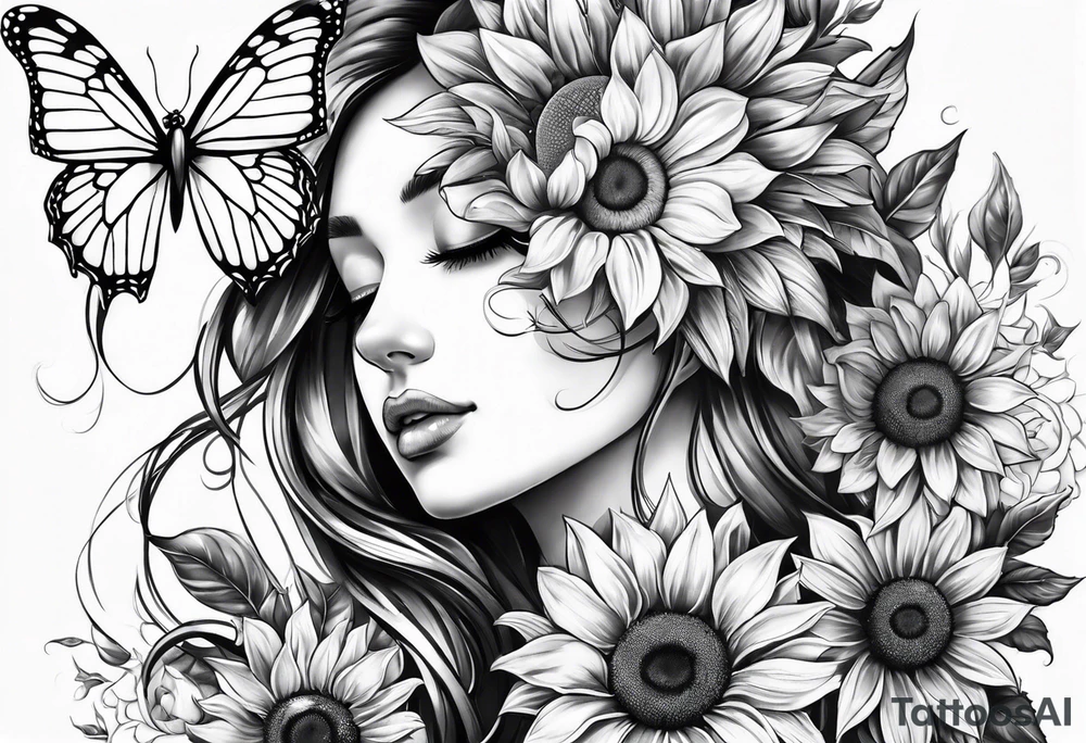 Sleeve with angel wings, sunflower and butterfly tattoo idea