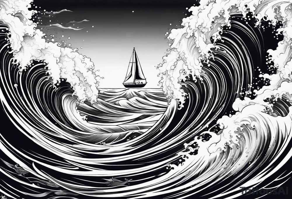 Poseidon im Vordergrund mit Windsurfer und Wellen im Hintergrund tattoo idea