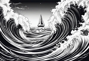 Poseidon im Vordergrund mit Windsurfer und Wellen im Hintergrund tattoo idea
