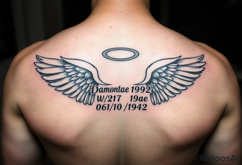 “Damontae 02/27/1992 and under that Willie Mae 06/10/1942” inside a pair of wings with a halo on top of the names and wings on my forearm tattoo idea