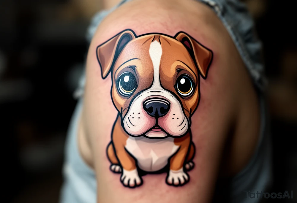 Cartoon Staffordshire Bull Terrier – A cute, exaggerated version with big eyes and floppy ears, shaded in light brown and creamy white, playful and sweet. tattoo idea