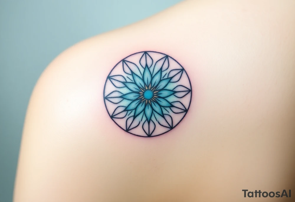 A floating Flower of Life with a glowing aura in round cyrcle, appearing as if suspended in space tattoo idea