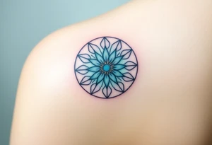 A floating Flower of Life with a glowing aura in round cyrcle, appearing as if suspended in space tattoo idea