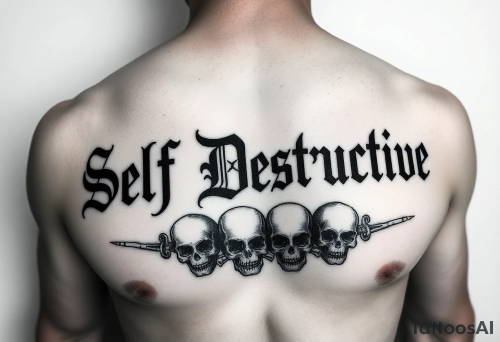 An outline of The words “Self Destructive” in a Chicano/Old English Font across the chest, with negative shading behind the words and some skulls tattoo idea