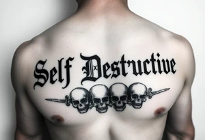 An outline of The words “Self Destructive” in a Chicano/Old English Font across the chest, with negative shading behind the words and some skulls tattoo idea