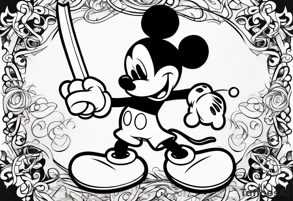 mickey mouse with sticks fighting tattoo idea
