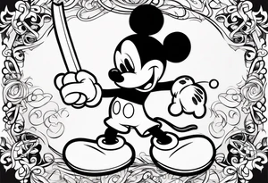 mickey mouse with sticks fighting tattoo idea