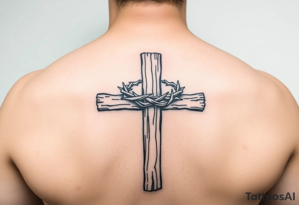 Wooden cross with a crown of thorns tattoo idea